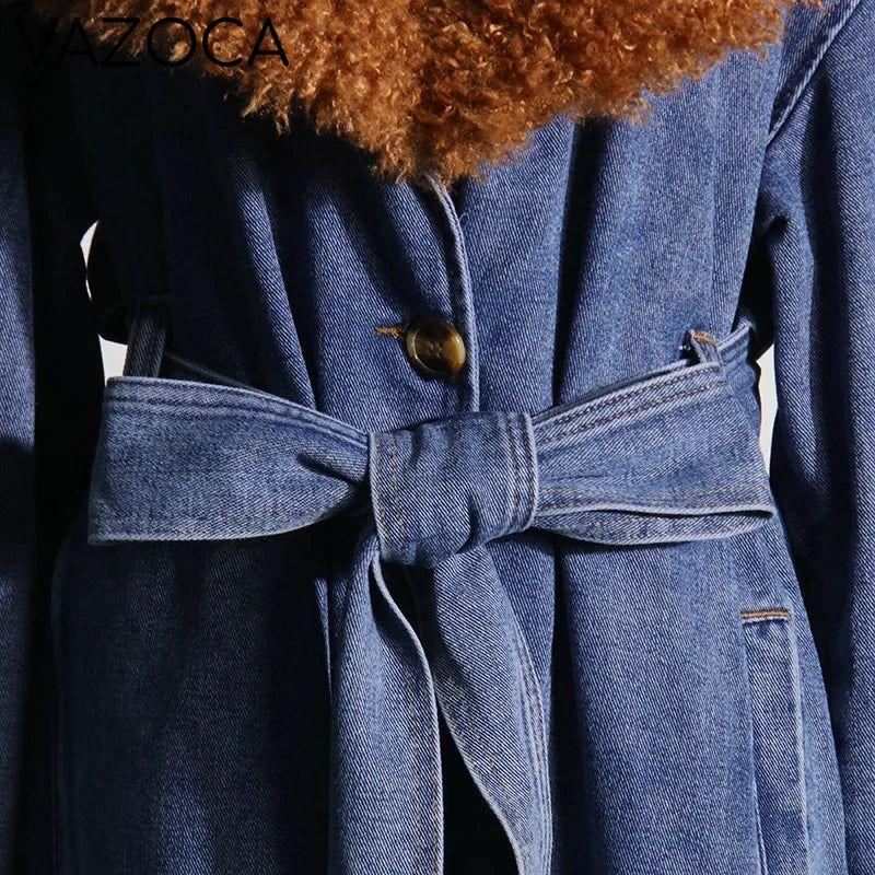 Fur Collar Trench Denim Coat