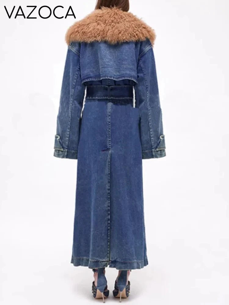 Fur Collar Trench Denim Coat