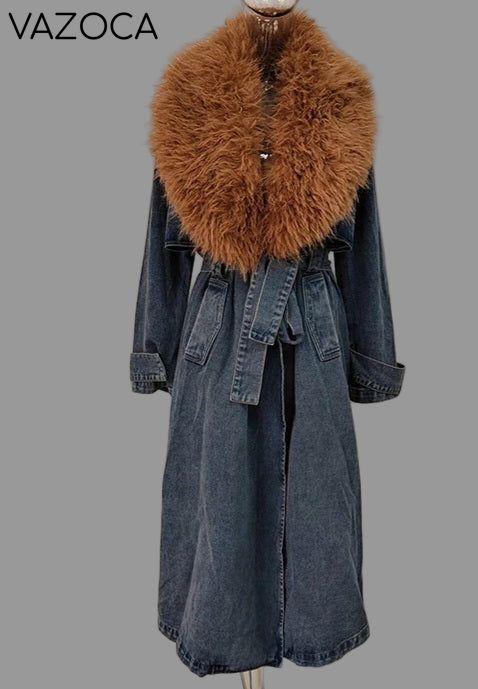 Fur Collar Trench Denim Coat