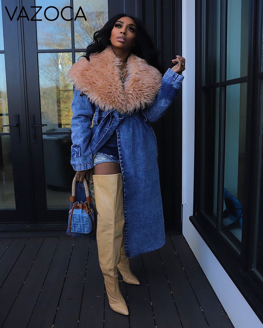Fur Collar Trench Denim Coat