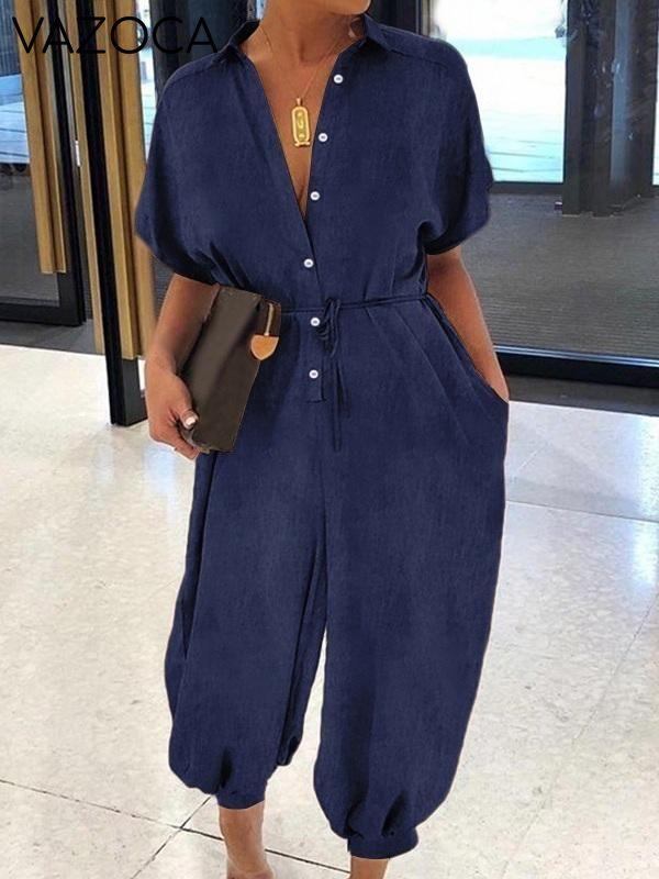 Button-Front Belted Denim Jumpsuit Dark Blue