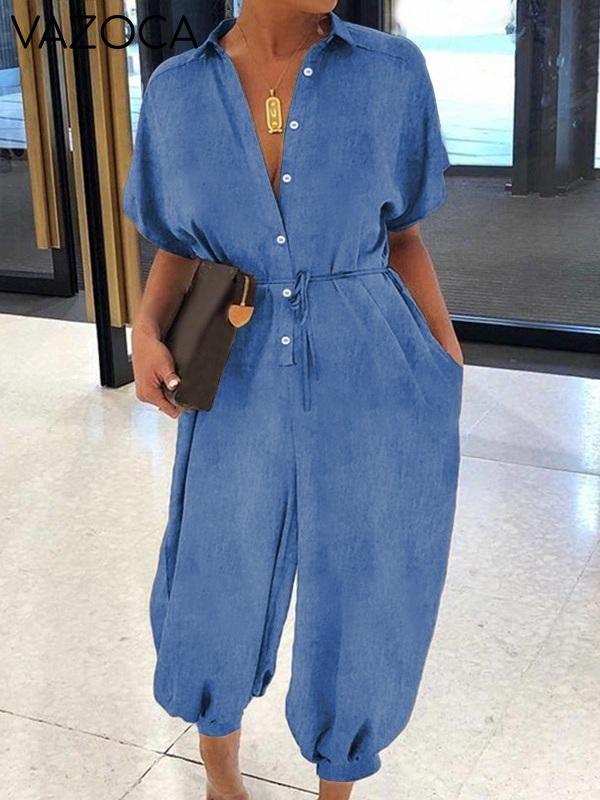 Button-Front Belted Denim Jumpsuit Light Blue