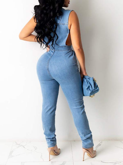 Mochique Button-Front Sleeveless Denim Jumpsuit