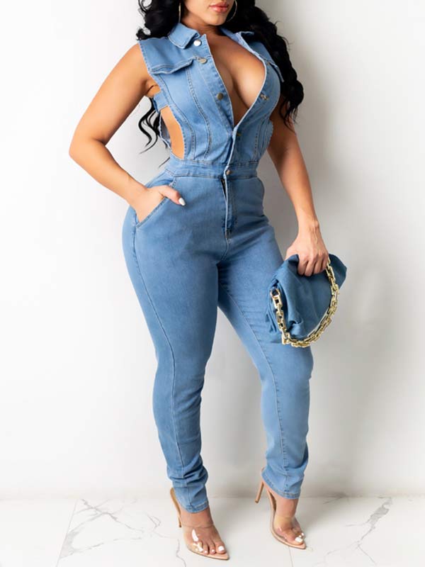 Mochique Button-Front Sleeveless Denim Jumpsuit