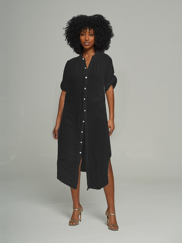 Mandarin-Collar Tabbed Sleeve Shirt Dress -- sold out