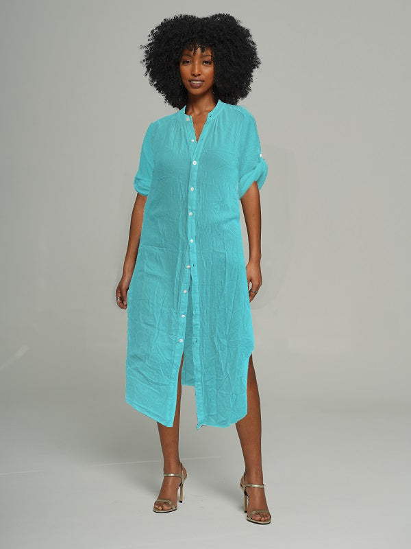 Mandarin-Collar Tabbed Sleeve Shirt Dress -- sold out