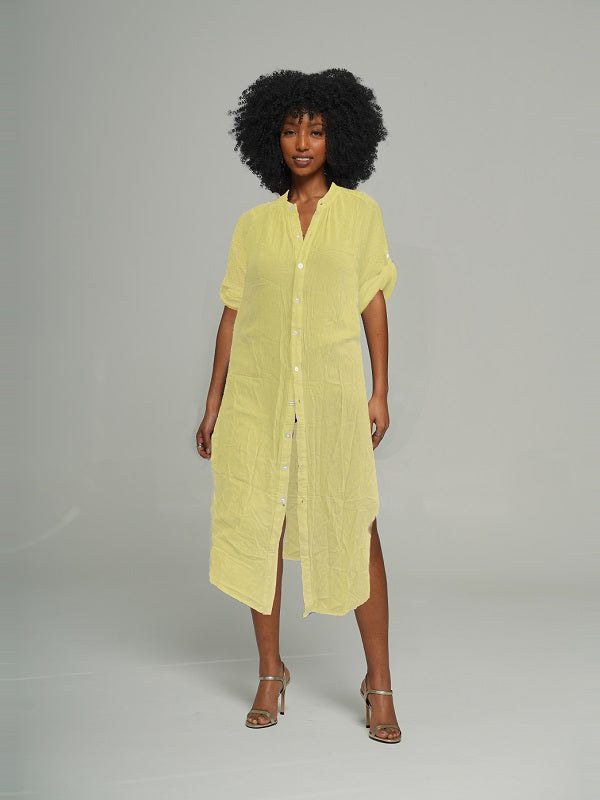 Mandarin-Collar Tabbed Sleeve Shirt Dress -- sold out