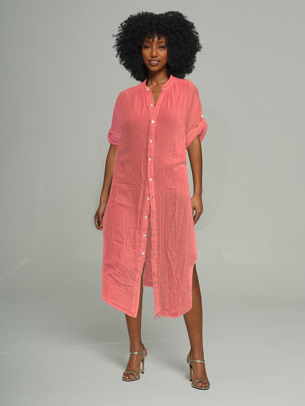 Mandarin-Collar Tabbed Sleeve Shirt Dress -- sold out