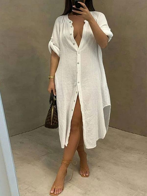 Mandarin-Collar Tabbed Sleeve Shirt Dress -- sold out