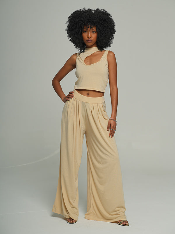 Cutout Top & Wide-Leg Pants Set