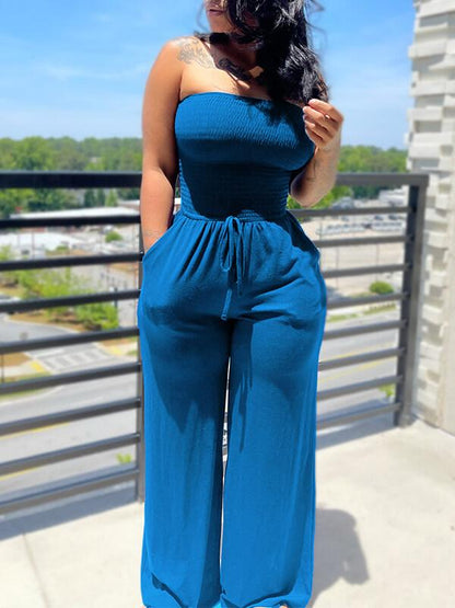 Solid Smocked Tied Jumpsuit