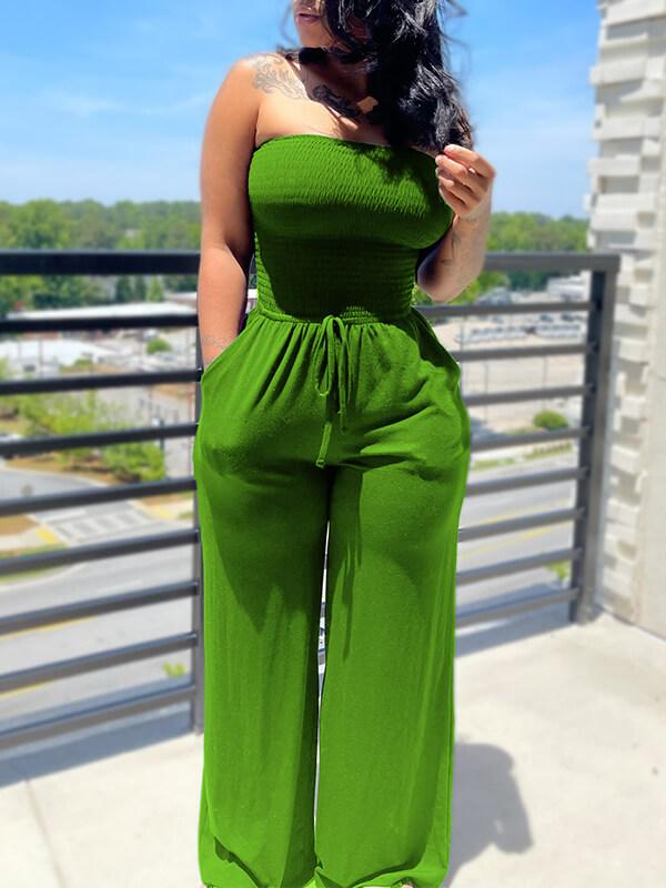 Solid Smocked Tied Jumpsuit