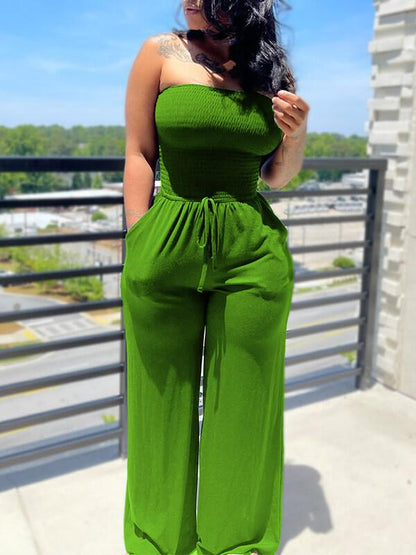 Solid Smocked Tied Jumpsuit