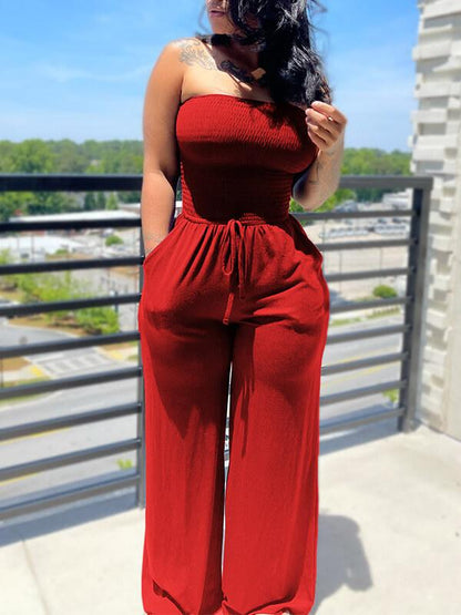 Solid Smocked Tied Jumpsuit