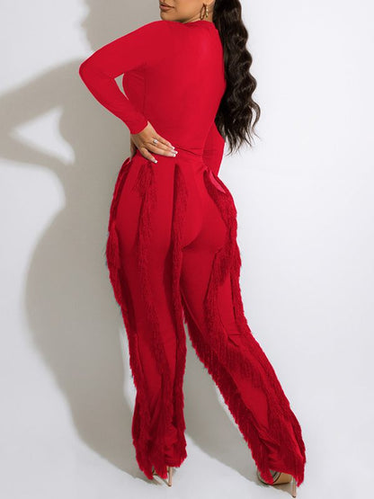 Solid Bodysuit & Fringe Pants Set--Clearance