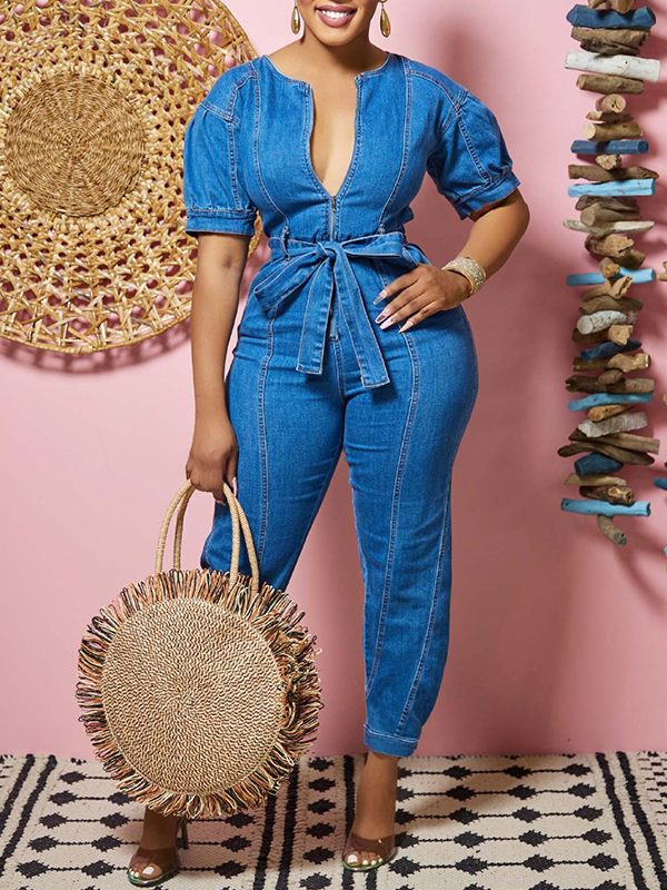 Zip-Front Denim Jumpsuit