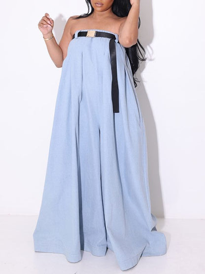 Strapless Belted Wide Leg Jumpsuit