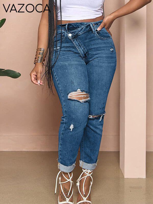 Asymmetric Ripped Jeans Dark Wash Blue