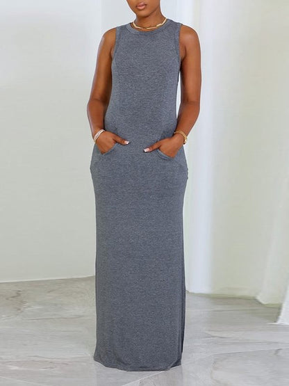 Morchique Solid Sleeveless Slit Dress
