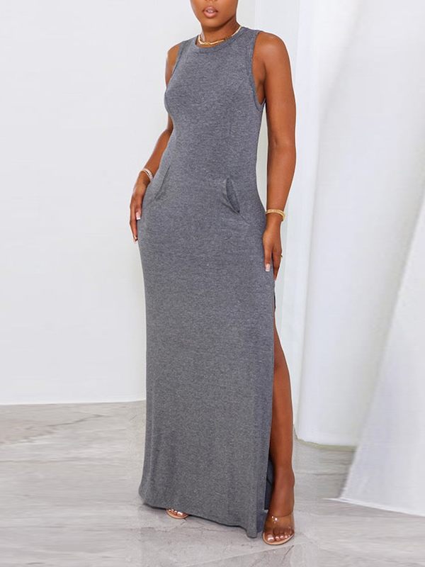 Morchique Solid Sleeveless Slit Dress