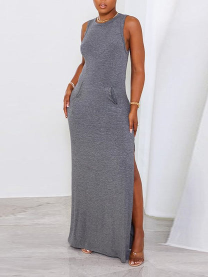 Morchique Solid Sleeveless Slit Dress