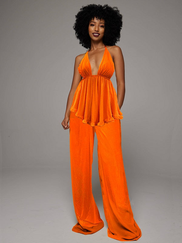 Halter Peplum Top & Wide-Leg Pants Set -- sold out Orange