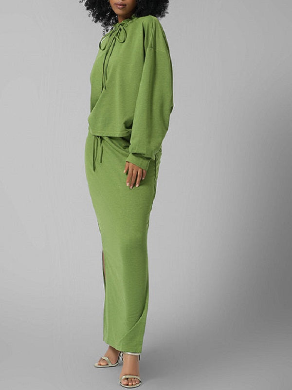 Tied Neck Top & Slit Skirt Set