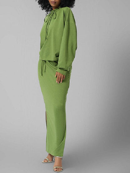 Tied Neck Top & Slit Skirt Set