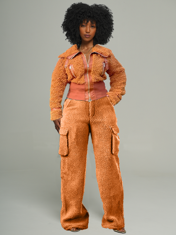 Faux Leather Combo Shearling Jackets & Cargo Pants -- sold out Orange