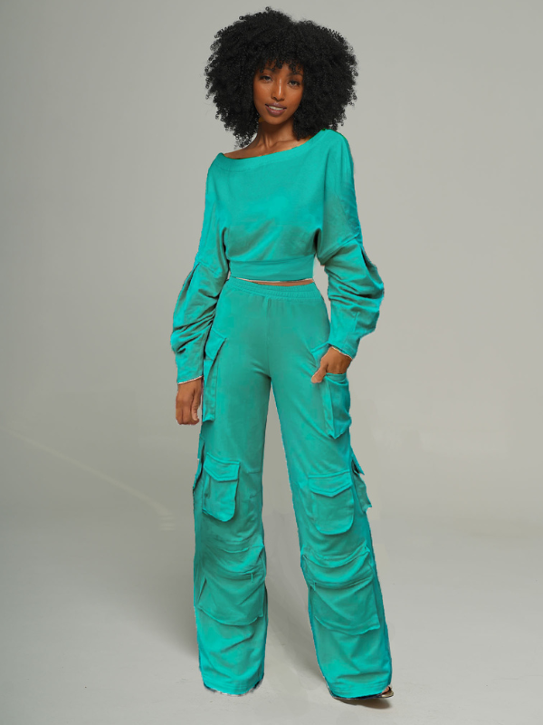 Solid Twisted Top & Cargo Pants Set