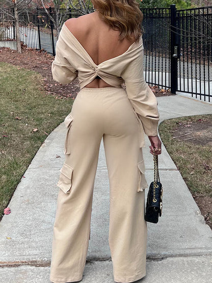 Solid Twisted Top & Cargo Pants Set