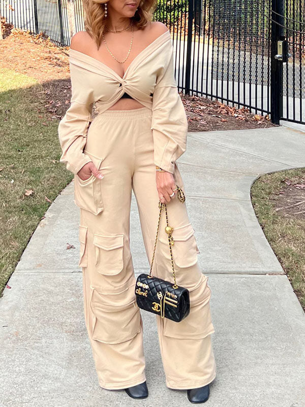Solid Twisted Top & Cargo Pants Set