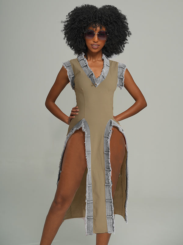 Denim-Combo V-Neck Slit Dress -- sold out Khaki