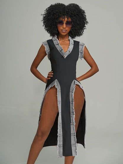 Denim-Combo V-Neck Slit Dress -- sold out Black