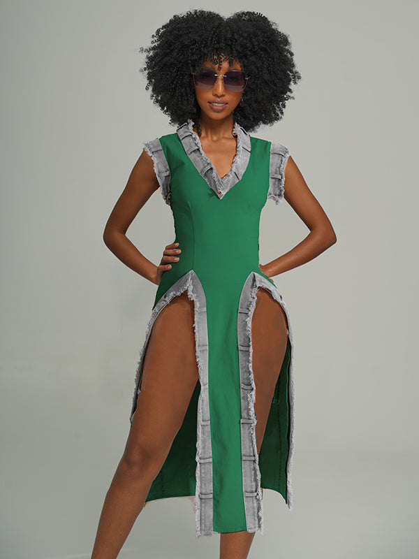 Denim-Combo V-Neck Slit Dress -- sold out Green
