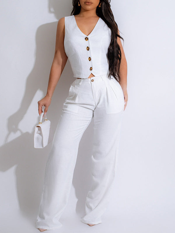 Button-Front Vest & Pants Set White
