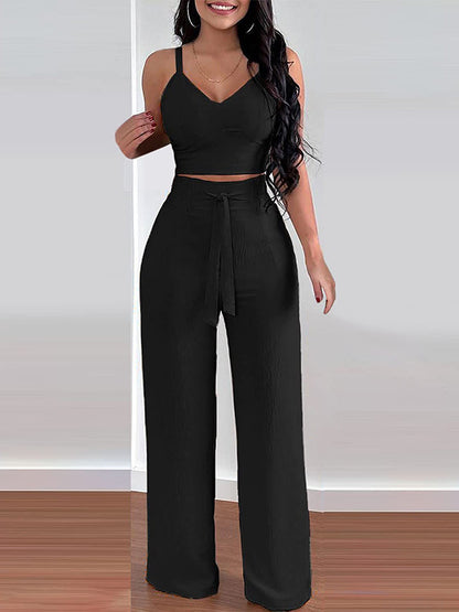 Solid Cami Top & Tied Pants Set Black