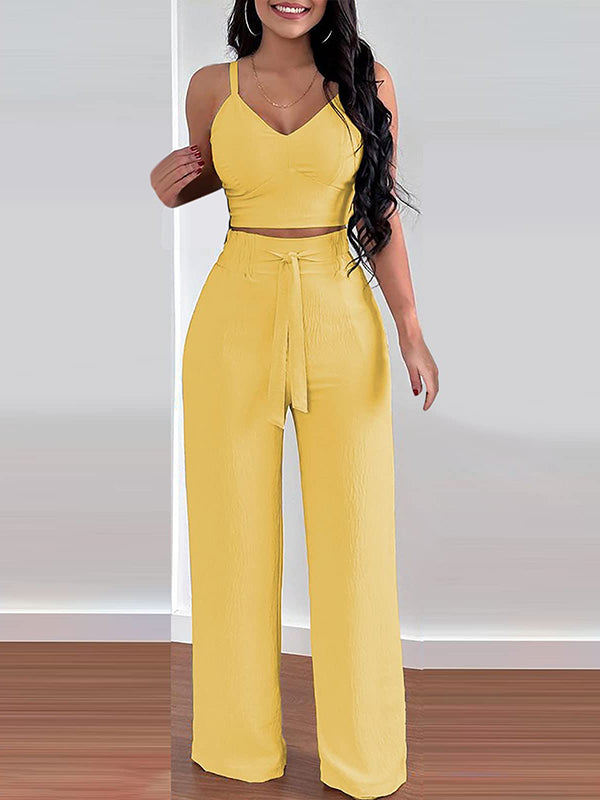 Solid Cami Top & Tied Pants Set Yellow