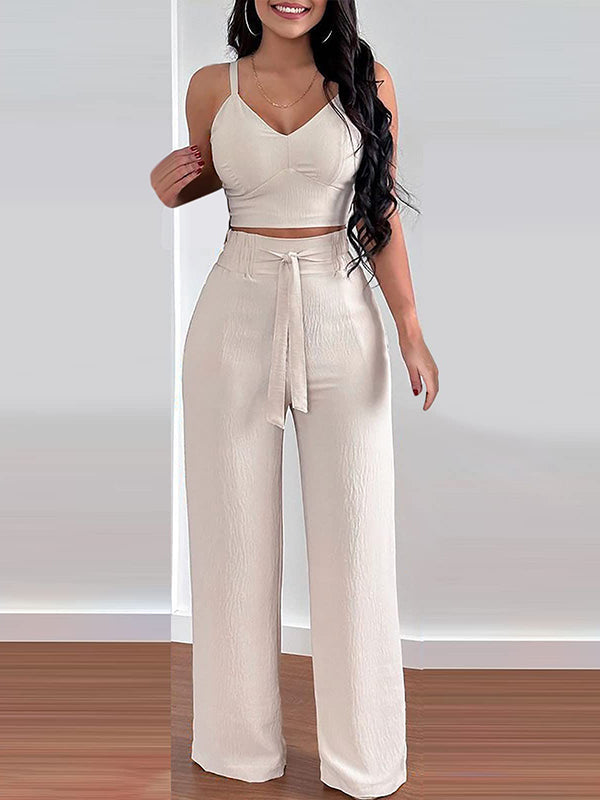 Solid Cami Top & Tied Pants Set Beige