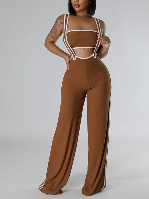 Piping Bandeau Top & Overalls Set Brown