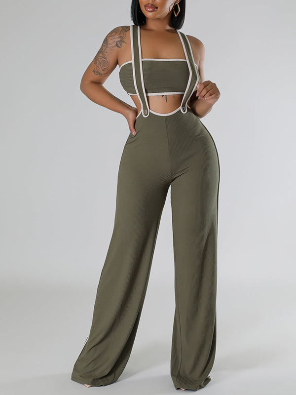 Piping Bandeau Top & Overalls Set Olive