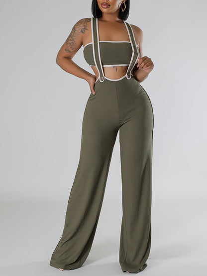 Piping Bandeau Top & Overalls Set Olive