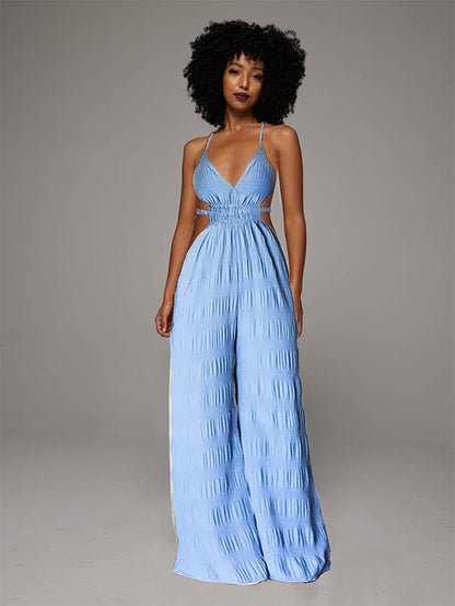 Solid Textured Cami Wide-Leg Jumpsuit Blue