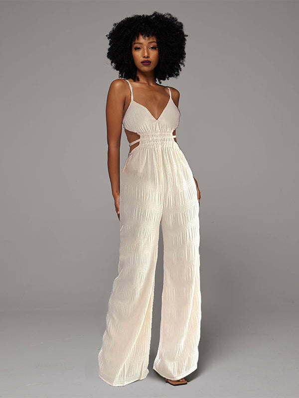Solid Textured Cami Wide-Leg Jumpsuit Beige