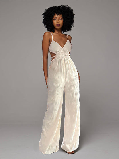 Solid Textured Cami Wide-Leg Jumpsuit Beige