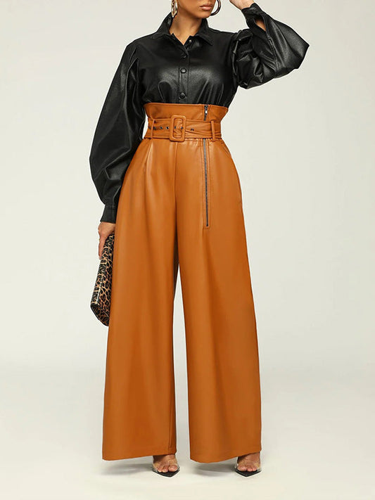 Gorgeousladie Faux-Leather Wide-Leg Belted Pants