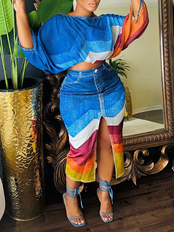 Printed Boat-Neck Top & Skirt Set Blue