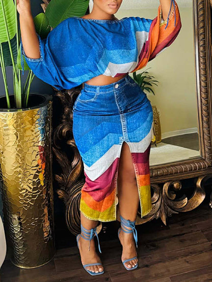 Printed Boat-Neck Top & Skirt Set Blue