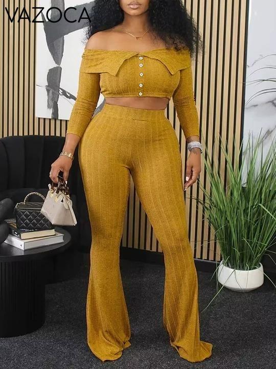 Off-Shoulder Button Top & Pants Set