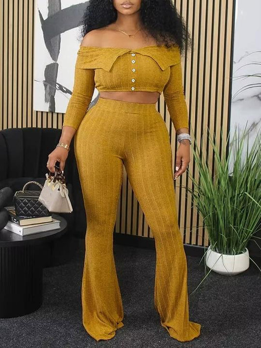 Off-Shoulder Button Top & Pants Set